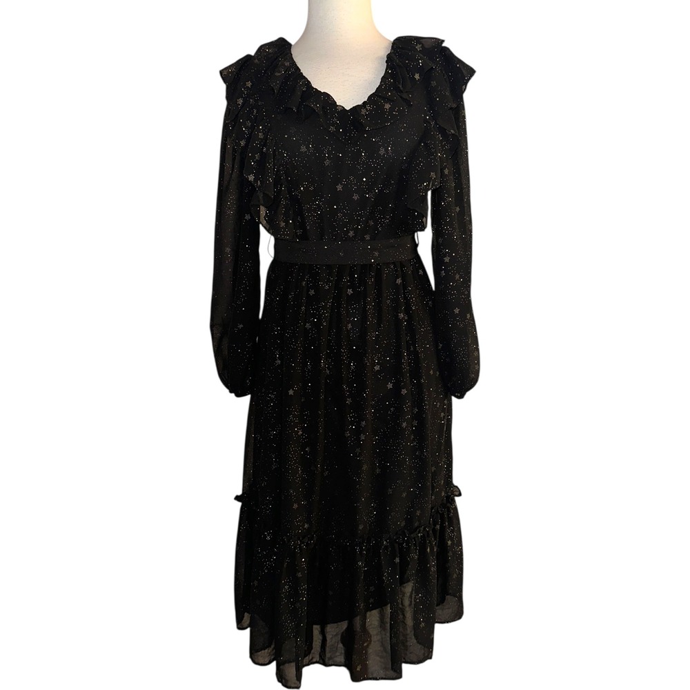 WB4 By The River Black Gold Star Sheer Ruffle Long Sleeve‎ Midi Dress Small